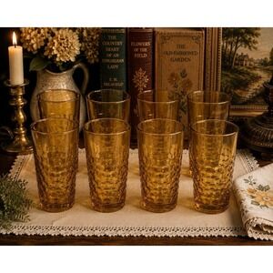 Vintage Hazel Atlas Eldorado Amber Dots 8 oz Tumblers Set of 8 Glasses MCM